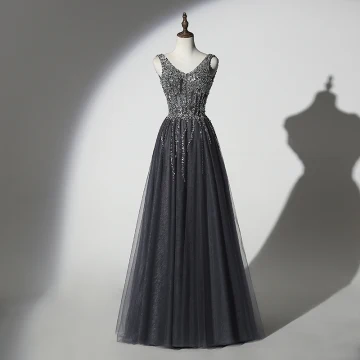 Scintillantes Gris Noire Robe De Soirée 2019 Princesse V Cou Fait Main Perlage Paillettes Sans Manches Dos Nu Longue Robe De Ceremonie