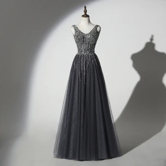 Scintillantes Gris Noire Robe De Soirée 2019 Princesse V Cou Fait Main Perlage Paillettes Sans Manches Dos Nu Longue Robe De Ceremonie