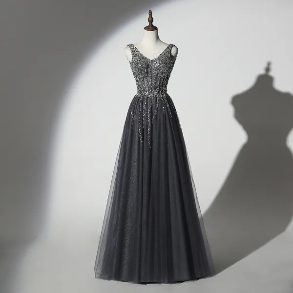 Sparkly Grey Black Evening Dresses  2019 A-Line / Princess V-Neck Handmade  Beading Sequins Sleeveless Backless Floor-Length / Long Formal Dresses