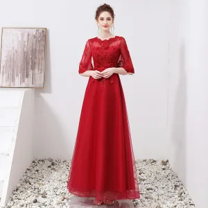 Chic Belle Bordeaux Robe De Soirée 2019 Princesse Encolure Dégagée Appliques En Dentelle Ceinture 1 2 Manches Longue Robe De Ceremonie