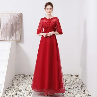 Chic Beautiful Burgundy Evening Dresses 2019 A Line Princess Scoop Neck Appliques Lace Sash 1 2 Sleeves Floor Length Long Formal Dresses
