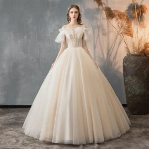 Élégant Champagne Robe De Mariée 2019 Princesse Bretelles Spaghetti Perlage Paillettes Volants Manches Courtes Dos Nu Longue