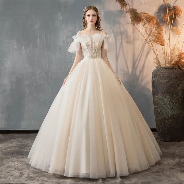 Elegant Champagne Wedding Dresses 2019 A-Line / Princess Spaghetti Straps Beading Sequins Ruffle Short Sleeve Backless Floor-Length / Long
