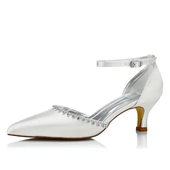 Modest Simple Ivory Satin Wedding Shoes 2021 Rhinestone Ankle Strap 5 Cm Stiletto Heels Pointed Toe Wedding Sandals High Heels