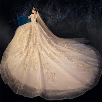 High End Champagne Trouwjurken 2019 A Lijn Ronde Hals Kralen Appliques Kant Bloem Rhinestone 3 4 Mouwen Ruglooze Glans Royal Train
