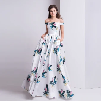 Modern Fashion Ivory Evening Dresses 2019 A Line Princess Off The Shoulder Printing Short Sleeve Backless Floor Length Long Formal Dresses