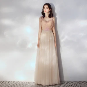 Chic Beautiful Champagne Evening Dresses 2019 A Line Princess Ruffle Spaghetti Straps Sleeveless Backless Floor Length Long Formal Dresses