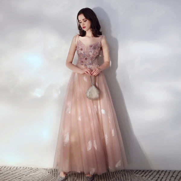 Elegant A-Line Sleeveless Dress With Intricate Pearl And Crystal Embellishments - Pink main image 0
