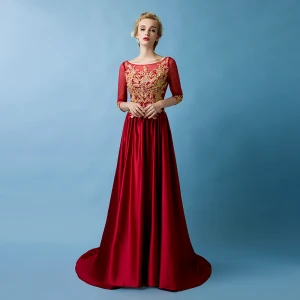 Élégant Bordeaux Robe De Soirée 2019 Princesse Encolure Dégagée Doré En Dentelle Appliques 3 4 Manches Train De Balayage Robe De Ceremonie