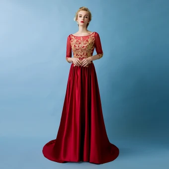 Elegant Burgundy Evening Dresses 2019 A Line Princess Scoop Neck Gold Lace Appliques 3 4 Sleeve Sweep Train Formal Dresses