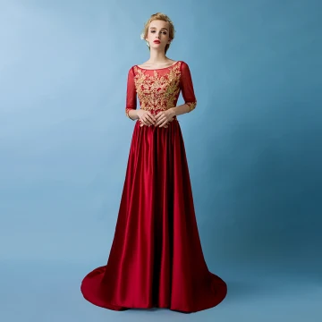 Elegant Burgundy Evening Dresses 2019 A Line Princess Scoop Neck Gold Lace Appliques 3 4 Sleeve Sweep Train Formal Dresses