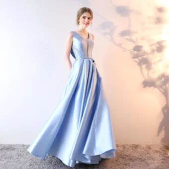 Chic Belle Bleu Ciel Robe De Soirée 2019 Princesse V Cou Cristal En Dentelle Fleur Sans Manches Noeud Longue Robe De Ceremonie
