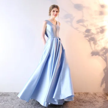 Chic Beautiful Sky Blue Evening Dresses 2019 A Line Princess V Neck Crystal Lace Flower Sleeveless Bow Floor Length Long Formal Dresses