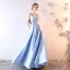 Chic / Beautiful Sky Blue Evening Dresses  2019 A-Line / Princess V-Neck Crystal Lace Flower Sleeveless Bow Floor-Length / Long Formal Dresses