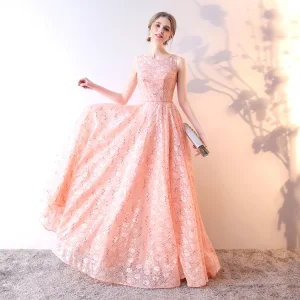Chic Belle Perle Rose Robe De Soirée 2019 Princesse Encolure Dégagée Paillettes En Dentelle Fleur Sans Manches Longue Robe De Ceremonie