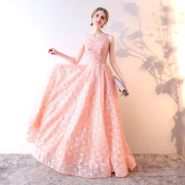 Chic Belle Perle Rose Robe De Soirée 2019 Princesse Encolure Dégagée Paillettes En Dentelle Fleur Sans Manches Longue Robe De Ceremonie