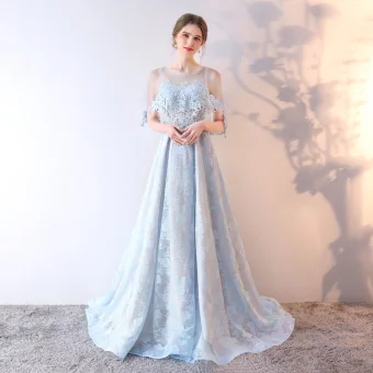Chic Belle Bleu Ciel Robe De Soirée 2019 Princesse Encolure Dégagée Paillettes Faux Diamant En Dentelle Fleur 1 2 Manches Dos Nu Train De Balayage Robe De Ceremonie