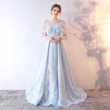Chic Beautiful Sky Blue Evening Dresses 2019 A Line Princess Scoop Neck Sequins Rhinestone Lace Flower 1 2 Sleeves Backless Sweep Train Formal Dresses