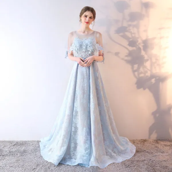 Chic / Beautiful Sky Blue Evening Dresses  2019 A-Line / Princess Scoop Neck Sequins Rhinestone Lace Flower 1/2 Sleeves Backless Sweep Train Formal Dresses