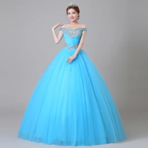 Traditioneel Blauw Galajurken 2019 Baljurk Uit De Schouder Kristal Parel Rhinestone Pailletten Korte Mouwen Ruglooze Lange Gelegenheid Jurken
