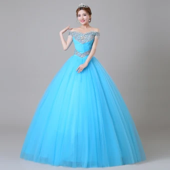 Traditionnel Bleu Robe De Bal 2019 Robe Boule De L 039 Épaule Cristal Perle Faux Diamant Paillettes Manches Courtes Dos Nu Longue Robe De Ceremonie