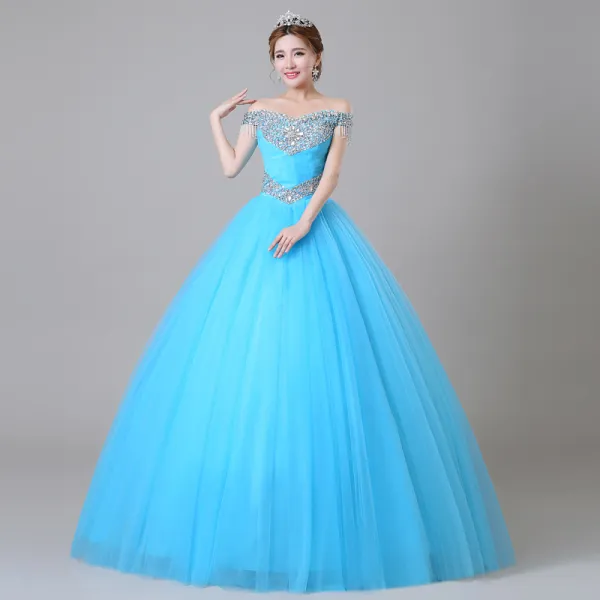 Tradycyjny Niebieskie Sukienki Na Bal 2019 Suknia Balowa Przy Ramieniu Kryształ Perła Rhinestone Cekiny Kótkie Rękawy Bez Pleców Długie Sukienki Wizytowe