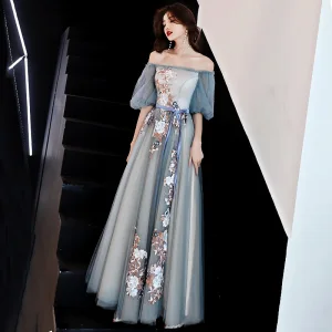 Hermoso Gris Vestidos De Noche 2019 A Line Princess Fuera Del Hombro Con Encaje Flor Bowknot Manga Corta Sin Espalda Largos Vestidos Formales