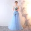 Chic / Belle Bleu Ciel Robe De Soirée 2019 Princesse Bustier Perlage Perle Paillettes Appliques En Dentelle Fleur Sans Manches Dos Nu Longue Robe De Ceremonie