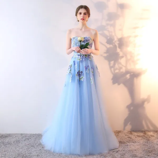 Chic / Beautiful Sky Blue Evening Dresses  2019 A-Line / Princess Strapless Beading Pearl Sequins Appliques Lace Flower Sleeveless Backless Floor-Length / Long Formal Dresses