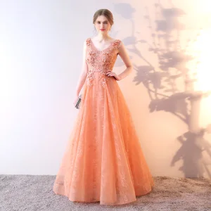 Stilig Orange Selskapskjoler 2019 Prinsesse V Hals Rhinestone Blonder Blomst Appliques Uten Ermer Ryggløse Lange Formelle Kjoler