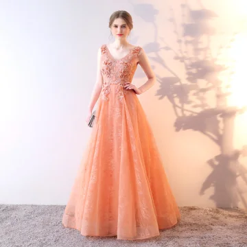 Stilig Apelsin Aftonklänningar 2019 Prinsessa V Hals Rhinestone Spets Blomma Appliqués Ärmlös Halterneck Långa Formella Klänningar