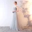 Elegant Grey Evening Dresses  2019 A-Line / Princess V-Neck Bow Pearl Lace Flower Sleeveless Backless Floor-Length / Long Formal Dresses
