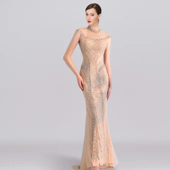 Charming Champagne Evening Dresses 2019 Trumpet Mermaid High Neck Handmade Beading Crystal Sleeveless Floor Length Long Formal Dresses