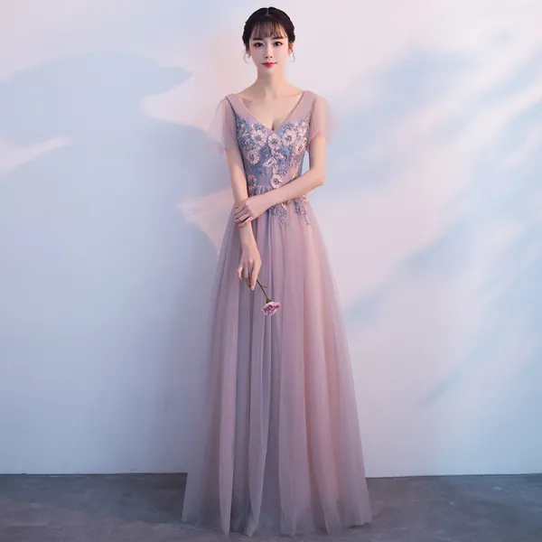 Chic / Beautiful Pearl Pink Prom Dresses 2018 A-Line / Princess Beading Crystal Lace Appliques V-Neck Backless Short Sleeve Floor-Length / Long Formal Dresses