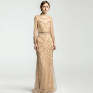 Chic Belle Champagne Robe De Soirée 2019 Trompette Sirène Encolure Dégagée Fait Main Perlage Cristal Paillettes Manches Longues Dos Nu Longue Robe De Ceremonie