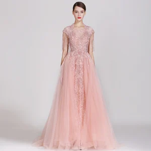 Haut De Gamme Rose Bonbon Robe De Soirée 2019 Princesse Encolure Carrée Fait Main En Dentelle Fleur Paillettes Mancherons Perlage Gland Longue Robe De Ceremonie