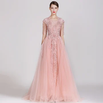 High End Candy Pink Evening Dresses 2019 A Line Princess Square Neckline Handmade Lace Flower Sequins Cap Sleeves Beading Tassel Floor Length Long Formal Dresses
