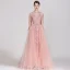 High-end Candy Pink Evening Dresses  2019 A-Line / Princess Square Neckline Handmade  Lace Flower Sequins Cap Sleeves Beading Tassel Floor-Length / Long Formal Dresses