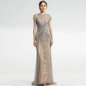 Haut De Gamme Champagne Robe De Soirée 2019 Trompette Sirène Encolure Dégagée Fait Main Perlage Cristal Faux Diamant Manches Courtes Longue Robe De Ceremonie