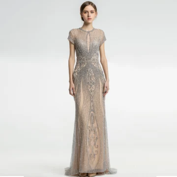 High End Champagne Avondjurken 2019 Trompet Zeemeermin Ronde Hals Handgemaakt Kralen Kristal Rhinestone Korte Mouwen Lange Gelegenheid Jurken