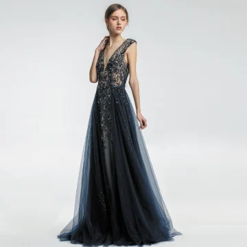 Chic Bleu Marine Robe De Soirée 2019 Princesse V Cou Fait Main Perlage Cristal Faux Diamant Sans Manches Dos Nu Longue Robe De Ceremonie