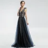 Classy Navy Blue Evening Dresses  2019 A-Line / Princess V-Neck Handmade  Beading Crystal Rhinestone Sleeveless Backless Floor-Length / Long Formal Dresses