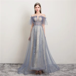 Modern Fashion Sky Blue Evening Dresses 2019 A Line Princess Ruffle Scoop Neck Star Sequins Short Sleeve Backless Sweep Train Formal Dresses
