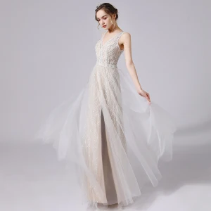 Charming Ivory Wedding Dresses 2021 A Line Princess Deep V Neck Beading Sequins Sleeveless Backless Floor Length Long Wedding