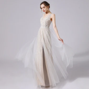 Charmant Ivoire Robe De Mariée 2021 Princesse Col V Profond Perlage Paillettes Sans Manches Dos Nu Longue Mariage