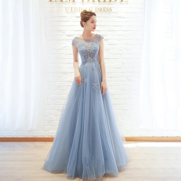 Chic / Beautiful Sky Blue Evening Dresses 2019 A-Line / Princess Scoop Neck Beading Cap Sleeves Floor- Chic / Beautiful Sky Blue Evening Dresses 2019 A-Line / Princess Scoop Neck Beading Cap Sleeves Floor-