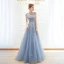 Chic / Beautiful Sky Blue Evening Dresses  2019 A-Line / Princess Scoop Neck Beading Cap Sleeves Floor-Length / Long Formal Dresses