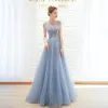 Chic / Belle Bleu Ciel Robe De Soirée 2019 Princesse Encolure Dégagée Perlage Mancherons Longue Robe De Ceremonie