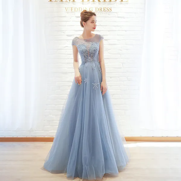 Piękne Błękitne Sukienki Wieczorowe 2019 Princessa Wycięciem Frezowanie Rękawy z Kapturkiem Długie Sukienki Wizytowe