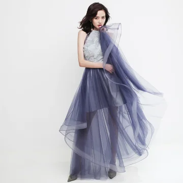 Moderne Mode Argenté Gris Robe De Soirée 2019 Princesse Encolure Dégagée En Dentelle Sans Manches Volants En Cascade Longue Robe De Ceremonie